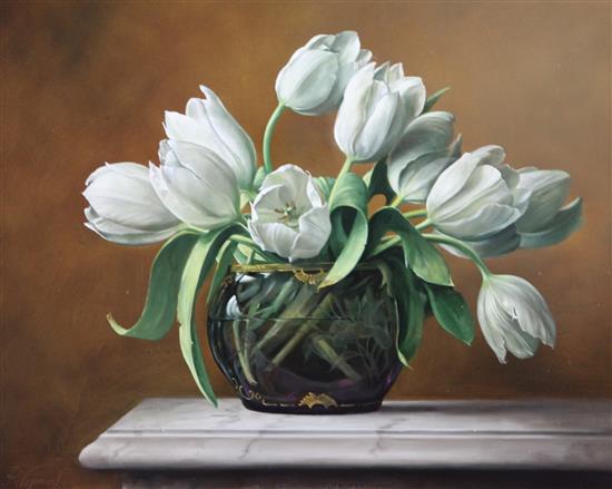 Pieter Wagemans (1948-) White Tulips in a glass vase 15 x 19in.
